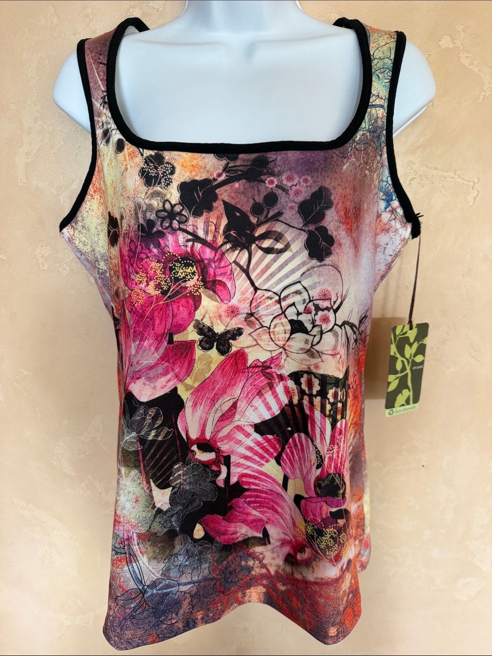 Avanti Square Neck Floral Tank Top with Black Trim